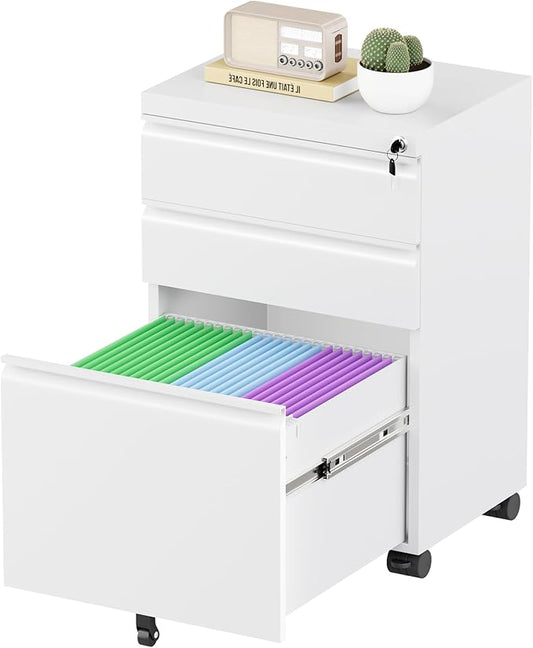 Bonusall Fully Assembled 3-Drawer Metal File Cabinet with Lock - Mobile Under Desk Filing Cabinet for Legal/Letter/A4 Size, Anti-Tilt Mechanism, Pre-Installed Office Storage, White