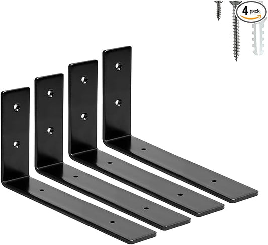 HEART ART 4 Pack Shelf Brackets 8 inch,L Brackets for Shelves,Black Heavy Duty Metal Shelf Brackets,8”x4”x1.4”