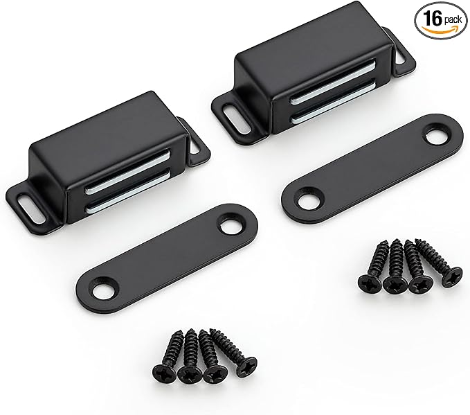 Ravinte 16 Pack Black Magnetic Door Catch, Matte Black Cabinet Magnets, Strong Magnetic Catch Latch for Kitchen Cabinets, Drawers & Cupboards, Stainless Steel Closures