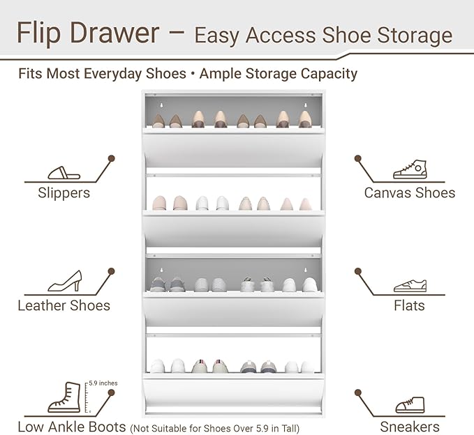 Shoe Cabinet with 4 Flip Drawers, Slim Metal Wall-Mounted Shoe Storage Organizer for Entryway, Hallway, Mudroom, Hidden Narrow Rack, White