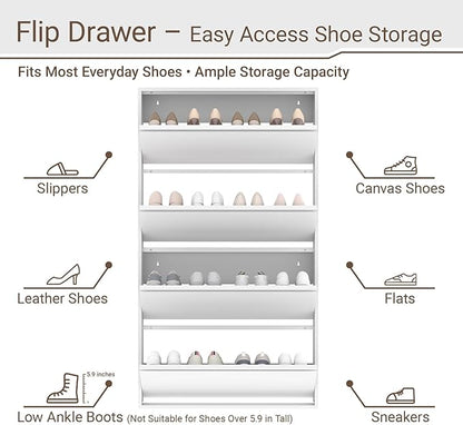 Shoe Cabinet with 4 Flip Drawers, Slim Metal Wall-Mounted Shoe Storage Organizer for Entryway, Hallway, Mudroom, Hidden Narrow Rack, White