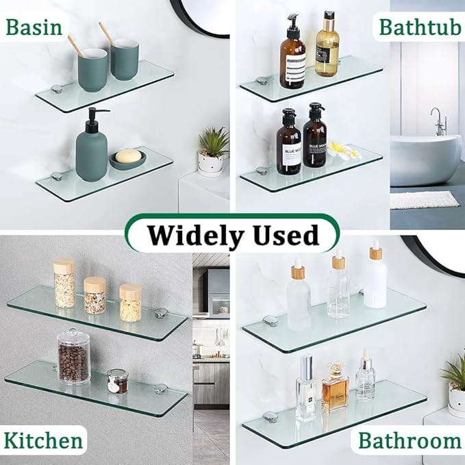 SAYAYO Floating Glass Shelves for Bathroom, Tempered Glass Shelf for Wall 15 x 5 Inch 2 Pack, Clear