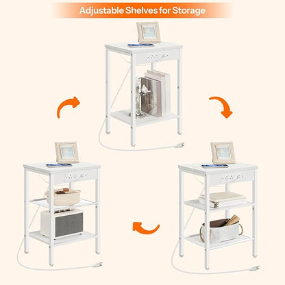 HOOBRO Side Tables Set of 2 with Charging Station and USB Port, Small End Tables for Small Space, 3-Tier Nightstands with Adjustable Shelf, for Living Room, Bedroom, White WW112BZP201