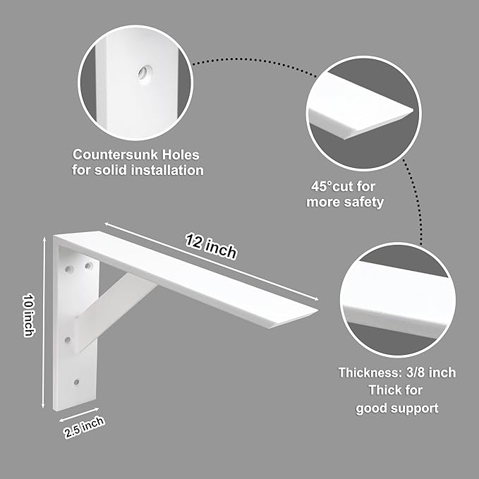 Countertop Support Bracket 12 Inch Heavy Duty Shelf Bracket 2 Pack 3/8" Thick White 12"x10"x2.5" for Granite Quartz Wood Laminate Countertops
