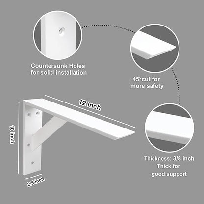 Countertop Support Bracket 12 Inch Heavy Duty Shelf Bracket 2 Pack 3/8" Thick White 12"x10"x2.5" for Granite Quartz Wood Laminate Countertops
