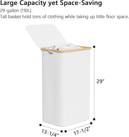 SUOCO Laundry Hamper with Lid, 29 Gal (110L) Clothes Basket with Bamboo Handles, Large Foldable Laundry Hamper for Bedroom, Bathroom, Dorm, Laundry Room - White