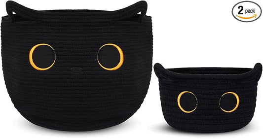 Storage Baskets for Organizing, Black Cat Cotton Rope Baskets Set Woven Blasket for Nursery, Blanket Basket Organizer Toy Basket for Gifts Cat Dog Bin Toys - Pack of 2