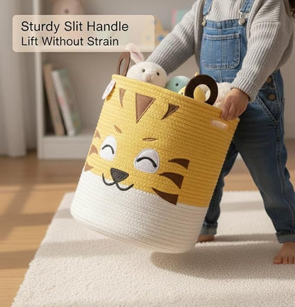 Collapsible Kids Laundry Basket & Toy Storage Organizer | Large Tiger Woven Cotton Rope Bin for Stuffed Plushies | Cute Animal Design Hamper with Cutout Handles for Nursery, Playroom & Living (Tiger)