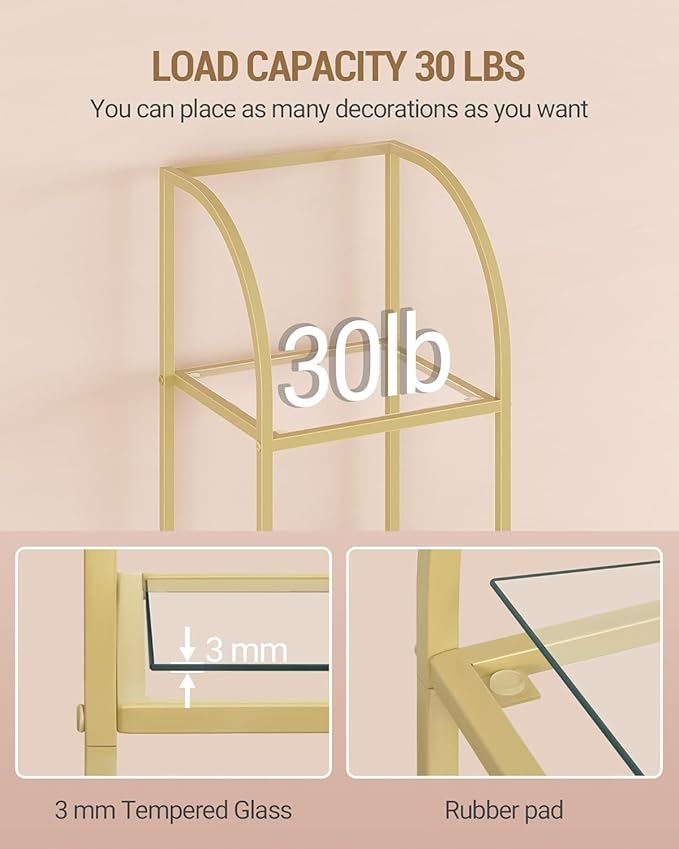 Bookcase Bookshelf, Tempered Glass Arched Bookshelf for More Storage, Slim Shelving Unit for Bedroom, Bathroom, Home Office, Steel Frame, 5 Tier Gold BC20599G