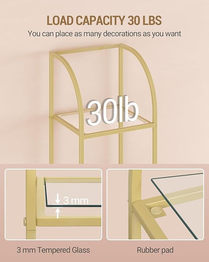Bookcase Bookshelf, Tempered Glass Arched Bookshelf for More Storage, Slim Shelving Unit for Bedroom, Bathroom, Home Office, Steel Frame, 5 Tier Gold BC20599G