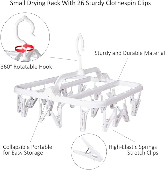 Foldable Plastic Hangers with 26 Drying Clips, Underwear Hanger with Clips, Plastic Laundry Clip and Drip Drying Hanger for Socks, Bras, Lingerie, Clothes, Sturdy, White, 2pc