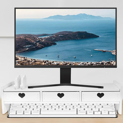 Tofficu Computer Desk Stand with Drawer, Desktop Monitor Riser with Storage, Laptop Shelf Shelves Organizer for Keyboard Storage (White)