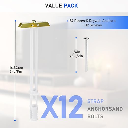 Drywall Anchor with Included Bolts for 1/4”-20, Heavy Duty Hollow Drywall Anchors for TV Mounting Kit, Hollow Wall Anchors Holds up to 270lbs Each in 1/2” Drywall, 12 Packs
