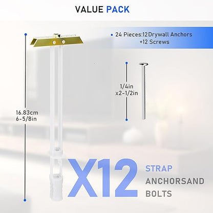 Drywall Anchor with Included Bolts for 1/4”-20, Heavy Duty Hollow Drywall Anchors for TV Mounting Kit, Hollow Wall Anchors Holds up to 270lbs Each in 1/2” Drywall, 12 Packs