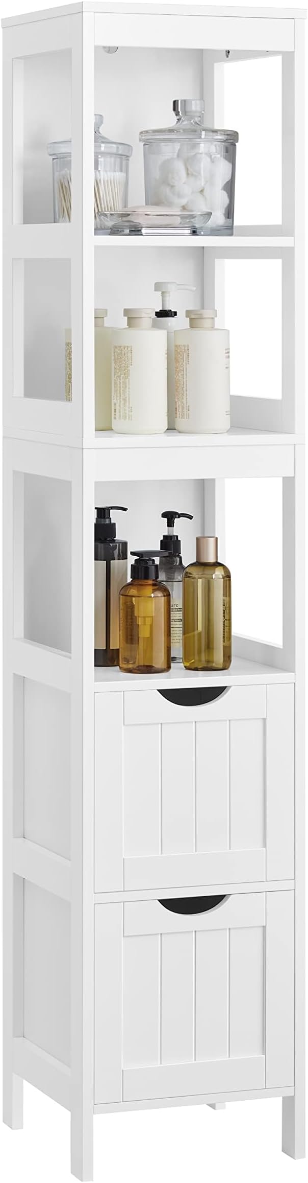 VASAGLE Bathroom Floor Cabinet, Bathroom Storage Organizer Rack Stand, Multifunctional Corner Unit, 2 Drawers, 55.7 Inches in Height, White UBBC066WH01S
