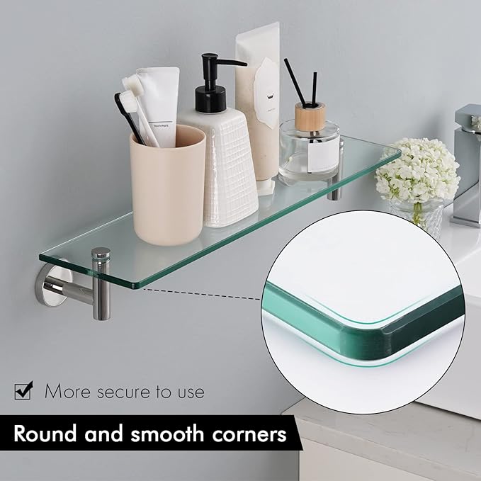 KES Glass Shelf Bathroom Rectangular Shelf 20-Inch with 8 MM-Thick Tempered Glass Rustproof Metal Bracket Wall Mount Brushed Finish, A2021-2