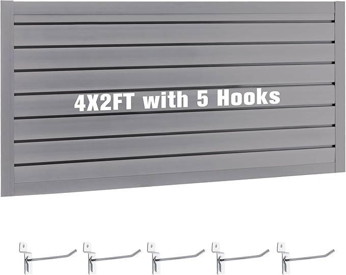 Slatwall Panel Garage Wall Organizer Storage Systems, Wall Mounted PVC Storage Rack with 5 Hooks, Interlocking Workshop Slat Wall Paneling Sheets Board Shelves Tools Organization-Grey(2’H x 4’W)