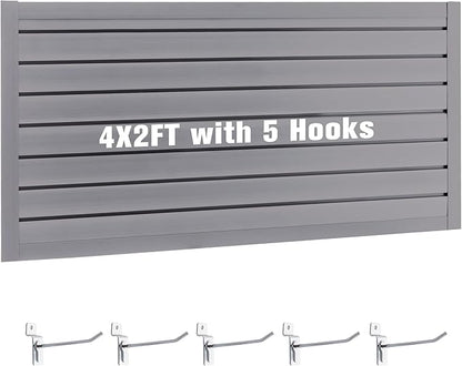 Slatwall Panel Garage Wall Organizer Storage Systems, Wall Mounted PVC Storage Rack with 5 Hooks, Interlocking Workshop Slat Wall Paneling Sheets Board Shelves Tools Organization-Grey(2’H x 4’W)