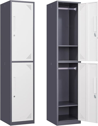 Metal Storage Cabinet, 71" Tall Storage Locker for Employees, Steel Cabinet with Lock and Keys for School, Gym, Home, Office Staff (2 Doors - Grey White)