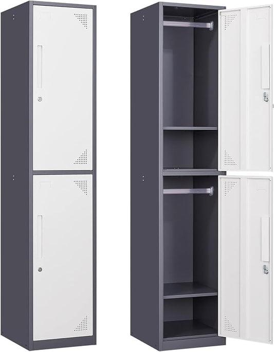 Metal Storage Cabinet, 71" Tall Storage Locker for Employees, Steel Cabinet with Lock and Keys for School, Gym, Home, Office Staff (2 Doors - Grey White)