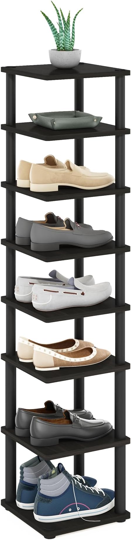 Furinno Turn-N-Tube Vertical Shoe Rack, 8-Tier Narrow Shoe Organizer, Free Standing Shoe Storage, Shoe Shelf for Boots, Sneakers, 11.6 x 11.6 x 52.6, for Closet, Entryway, Office, Garage, Espresso
