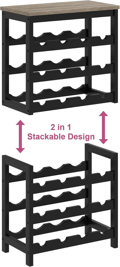 6 Tier Bamboo Wine Rack Freestanding Floor, 24 Bottles Wine Storage Shelves with Table Top, Stackable Wine Display Rack for Kitchen, Bar, Dining Room, Ivory White and Black