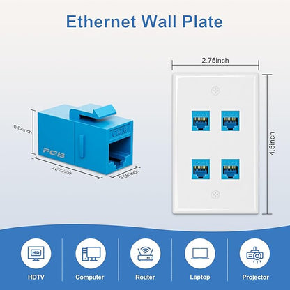 FGB 10Gbps Ethernet Wall Plate, 4 Port CAT6 Wall Plate and Jack, RJ45 Ethernet Wall Outlet with Single Gang Low Voltage Mounting Bracket