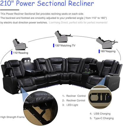Power Reclining Sectional Sofa with Chair, Electric Recliner Sectional Sofa, Black Leather Power Recliner Couch, High-Density Rebound Sponge, Read Lights, USB Type C Charging for Living Room