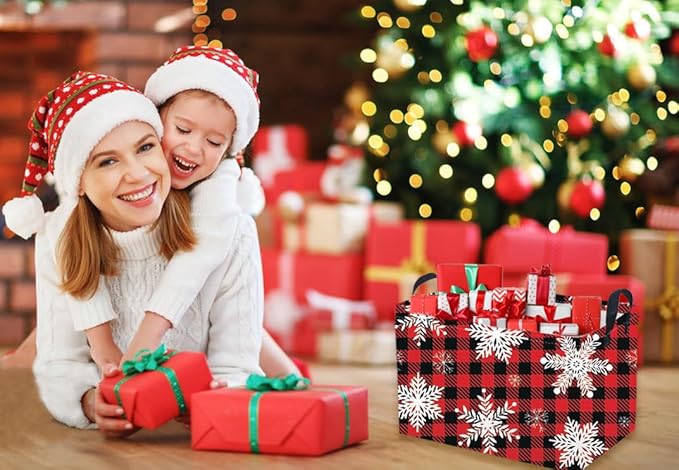 Rectangular Christmas Baskets,Snowflakes Basket Empty,Waterproof PE Coating Cute Bins for Kids with Handles,Gifts Baskets,Books Bin. (Red snowflakes)