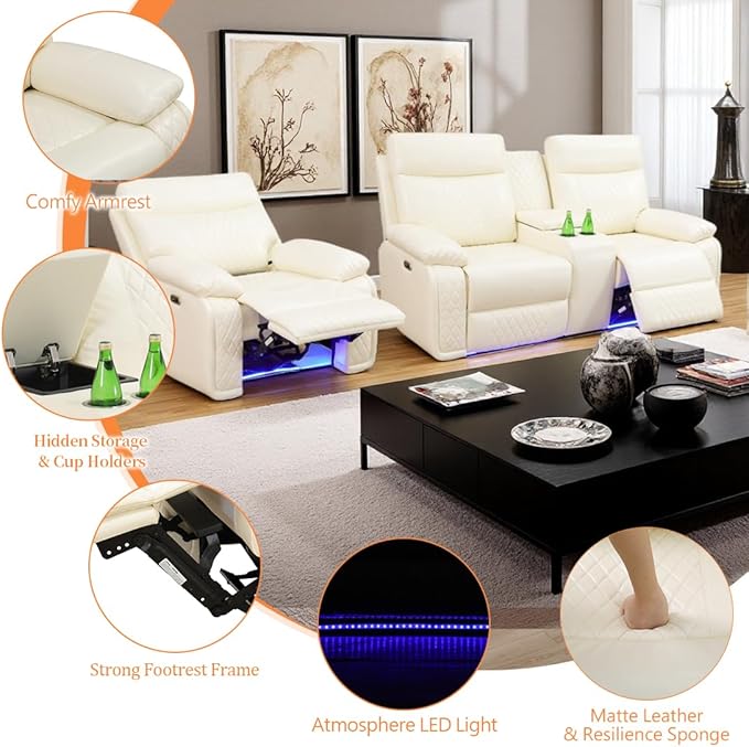 Living Room Furniture Sets,Power Reclining Loveseat Couch Set for Living Room, Power Reclining Loveseat Recliner Chair with Drop Down Table LED Cupholders for Home and Office, Beige