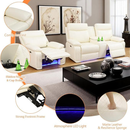 3 Pieces Reclining Living Room Set, Breathing Leather Power Recliner Loveseat Chair Set, Living Room Furniture Sets with LED, Cup Holders Hidden Storage for Home/Office/Meeting Room,Beige