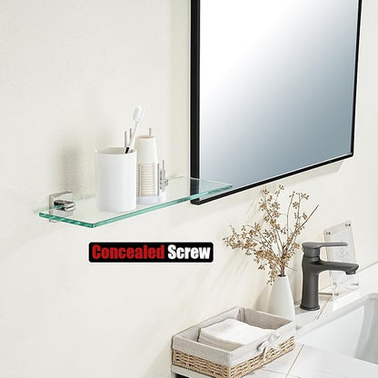 JQK Bathroom Glass Shelf, Floating Tempered Glass Shower Storage 16 by 5 inches, 304 Stainless Steel Polished Chrome Wall Mount, TGS201L16-CH
