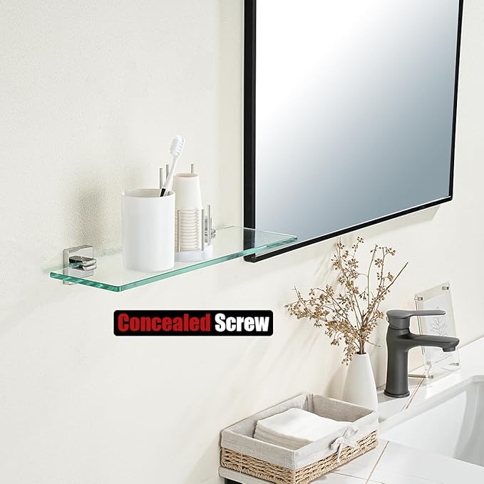 JQK Bathroom Glass Shelf, Floating Tempered Glass Shower Storage 16 by 5 inches, 304 Stainless Steel Polished Chrome Wall Mount 2 Pack, TGS201L16-CH-P2