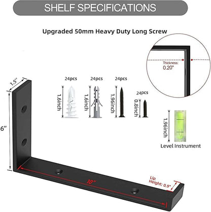 Shelf Bracket, Heavy Duty Floating Shelf Brackets 10-Inch Long, 12-Pack Brackets for Shelves, Black Coated J Shape Metal Wall Shelf Support Brackets with 1/5-Inch Thick and 160 lb. Load Capacity