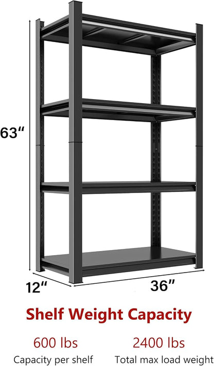 4-Tier (63''H x 35''W x 12''D) Metal Garage Shelving Unit, Storage Shelves Heavy Duty, Adjustable Upgraded Reinforced Double-Layer Columns for Space-Saving Garage with Easy Assembly