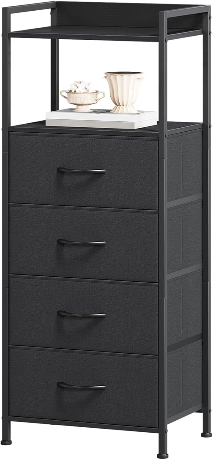 Somdot Night Stand with 4 Drawers, Vertical Storage Tower Fabric Dresser for Bedroom, Nightstand Bedside Table Furniture, Sturdy Steel Frame, Wooden Top & Easy Pull Fabric Bins, Black