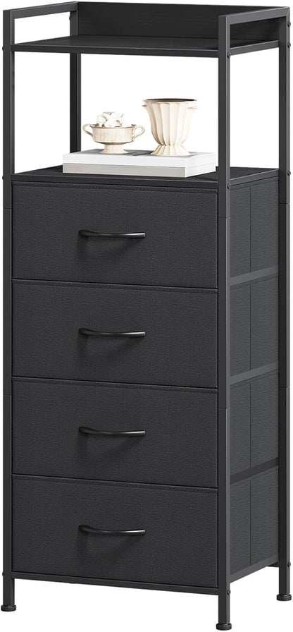 Somdot Night Stand with 4 Drawers, Vertical Storage Tower Fabric Dresser for Bedroom, Nightstand Bedside Table Furniture, Sturdy Steel Frame, Wooden Top & Easy Pull Fabric Bins, Black