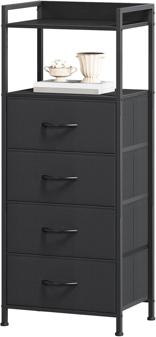 Somdot Night Stand with 4 Drawers, Vertical Storage Tower Fabric Dresser for Bedroom, Nightstand Bedside Table Furniture, Sturdy Steel Frame, Wooden Top & Easy Pull Fabric Bins, Black