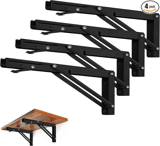 Storystore Folding Shelf Brackets - 18 Inch Heavy Duty Metal Collapsible Shelf Bracket for Bench Table, Shelf Hinge Wall Mounted Space Saving DIY Bracket, Max Load: 150 lb (4 PCS, Black)