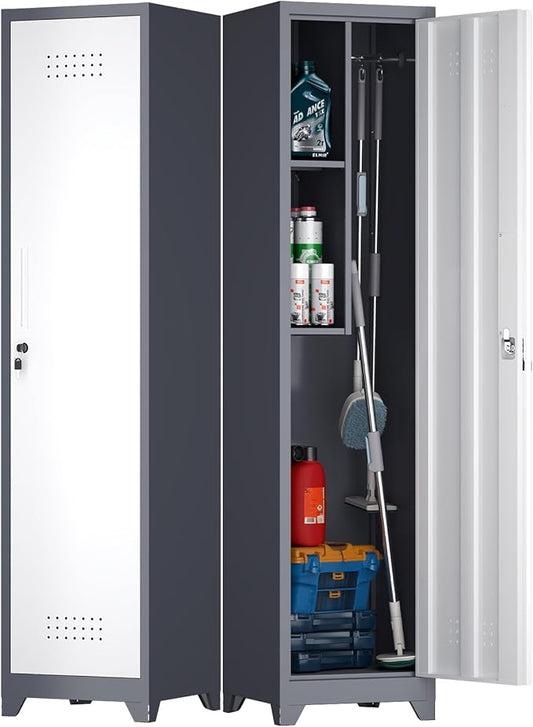 65" H Slim Broom Closet Storage Cabinets, Utility Cabinet for Brooms and Mops, Steel Cleaning Tool Cabinet with Hanging Rod & S-Hooks for Bathroom, Garage