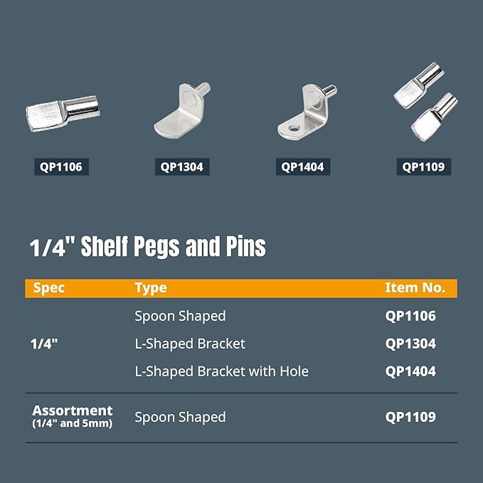 POWERTEC QP1304-P2 1/4 Inch Shelf Pegs 100 pcs, L-Shaped Bracket Shelf Pins Support Pegs for Shelves, Kitchen Cabinet Shelf, Bookshelf, Closet and Furniture, Nickel Plated Shelf Holders Pegs
