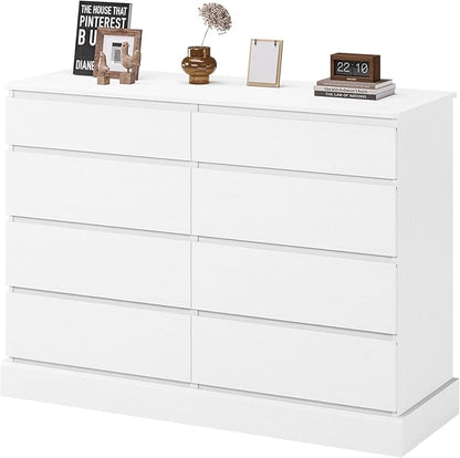 DICTAC 8 Drawers Dresser for Bedroom, White Large Chest of Drawers, Long Modern Double Dressers, Big Clothing Storage Organizer Closet with Ample Space, 51.6''L x 15.7''D x 37.7''H
