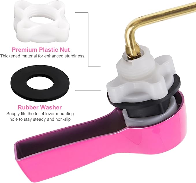 Hibbent Universal Metal Front Mount Toilet Handle Replacement Kit, Brass Toilet Flush Tank Lever with Stainless Steel Flapper Chains for Most Toilets, Pink