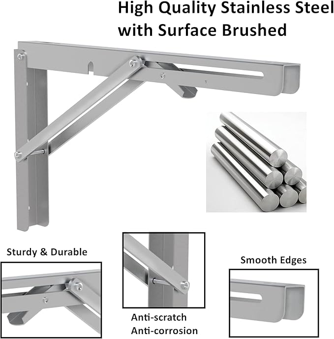MySit 16" Folding Shelf Brackets 4 PCS, Max Load 550lb Heavy Duty Stainless Steel DIY Collapsible Wall Mounted L Shelf Bracket Space Saving for Table Work Bench