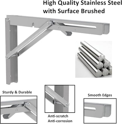 MySit 16" Folding Shelf Brackets 4 PCS, Max Load 550lb Heavy Duty Stainless Steel DIY Collapsible Wall Mounted L Shelf Bracket Space Saving for Table Work Bench