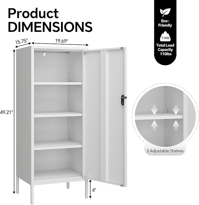 Metal Lokcer Cabinet (White, 19.69" D x 15.75" W x 49.21" H)