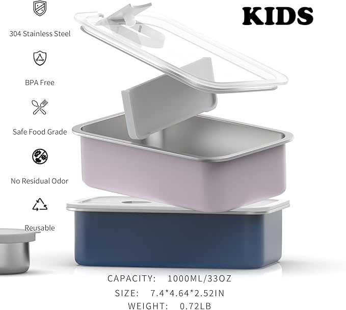 Stainless Steel Bento Lunch Box for Kids, 33oz Leak-Proof Lunch Box Containers, Microwave-Safe, with Adjustable Divider, Convenient Metal Lunchbox for School, Travel