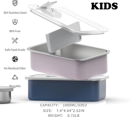 Stainless Steel Bento Lunch Box for Kids, 33oz Leak-Proof Lunch Box Containers, Microwave-Safe, with Adjustable Divider, Convenient Metal Lunchbox for School, Travel