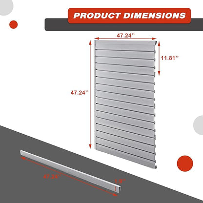 Slatwall Panel Garage Wall Organizer Storage Systems, Wall Mounted PVC Storage Rack with 10 Hooks, Interlocking Workshop Slat Wall Paneling Sheets Board Shelves Tools Organization-Grey (4’H x 4’W)