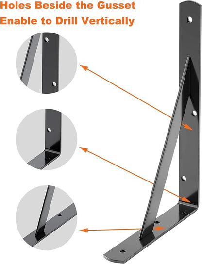 LuckIn 8-Pack Heavy Duty Shelf Bracket, 18 Inch Wall Shelf Brackets with 90 Degree Triangle, 250 LBS Max Load, Mounting Hardware Included, Black